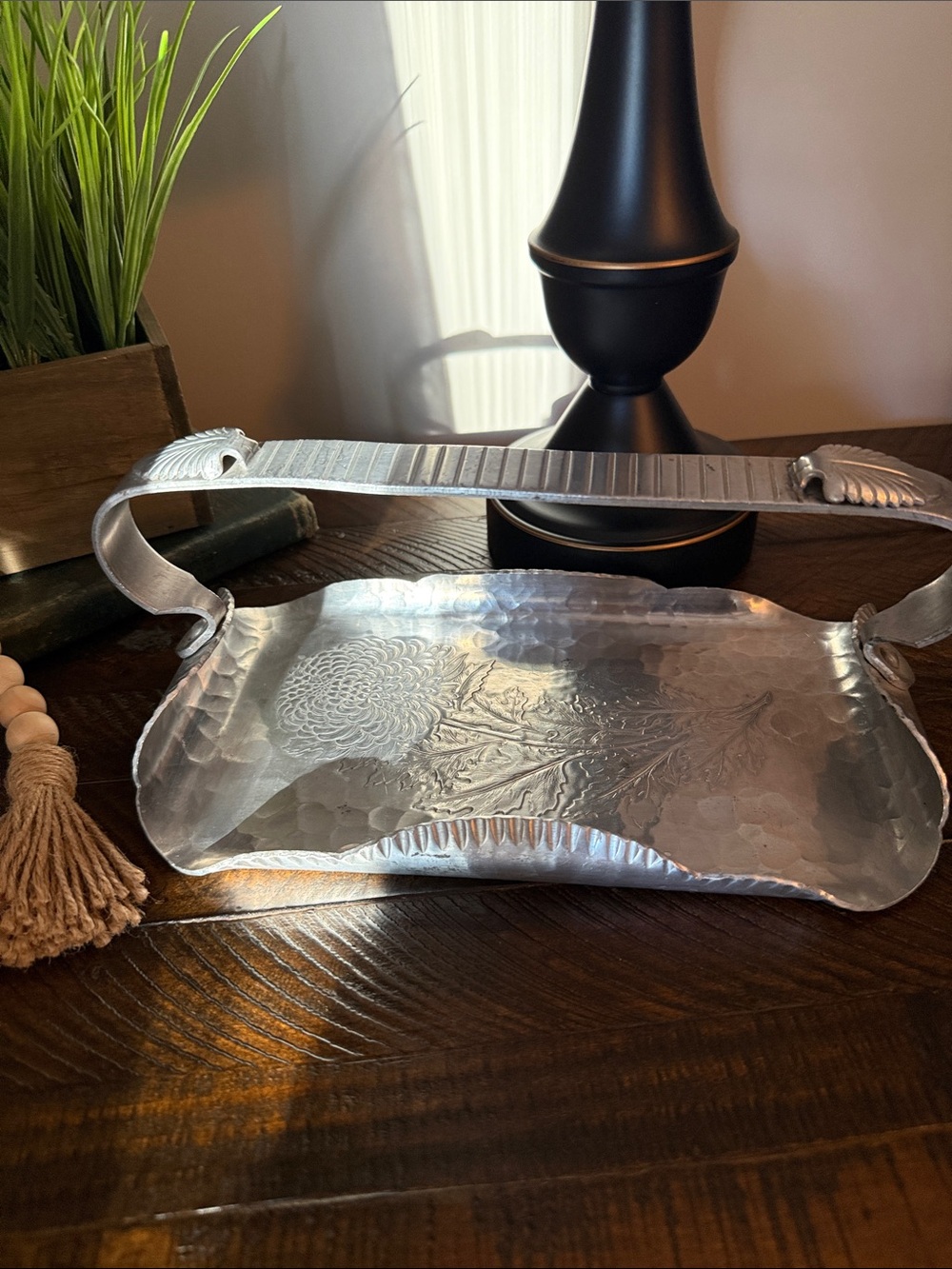 Vintage Continental Hand Wrought Aluminum Tray #510 Thistle w handle